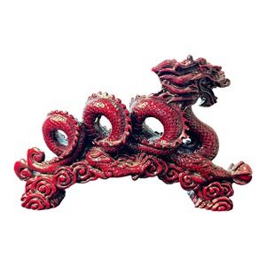Chinese Dragon Figurine Red Black Ornate Mythical Creature Sculpture Decor‎